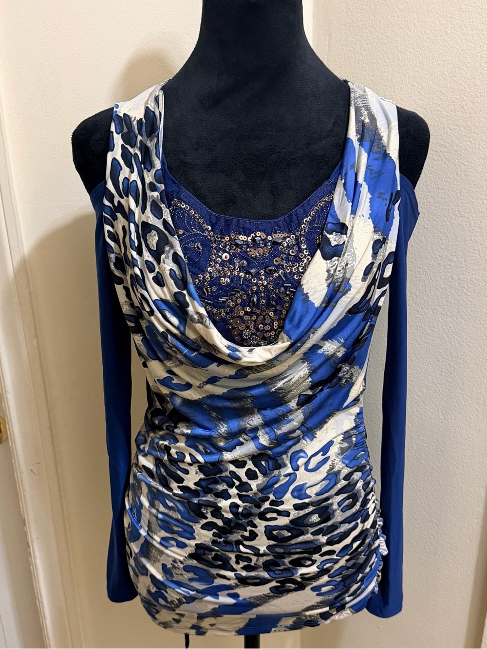 Venus cowled abstract leopard animal print cold-shoulder top Size XS - NWOT